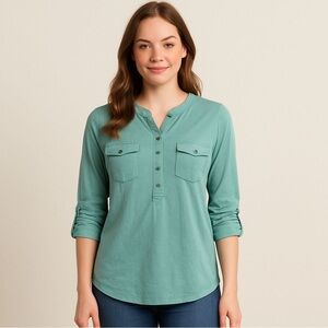 Relativity Teal Henley Shirt - Size M - Long Sleeve with Pockets